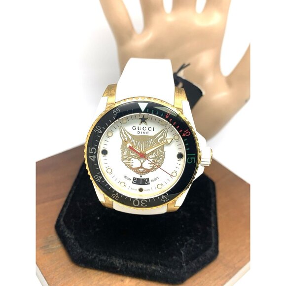 GUCCI Men's Watch YA136322 Dive Cat Swiss Quartz Gold White Rubber Strap 40mm - Picture 1 of 13